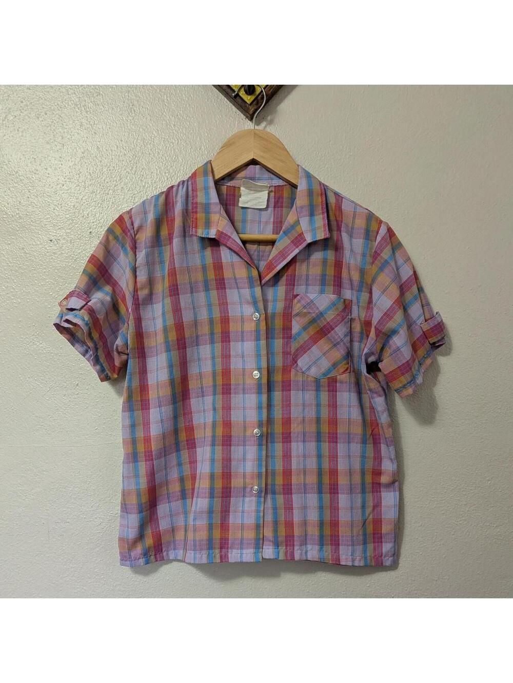 Vintage 1980s Pastel Plaid Short Sleeve Button UpLavender Rainbow Check Small